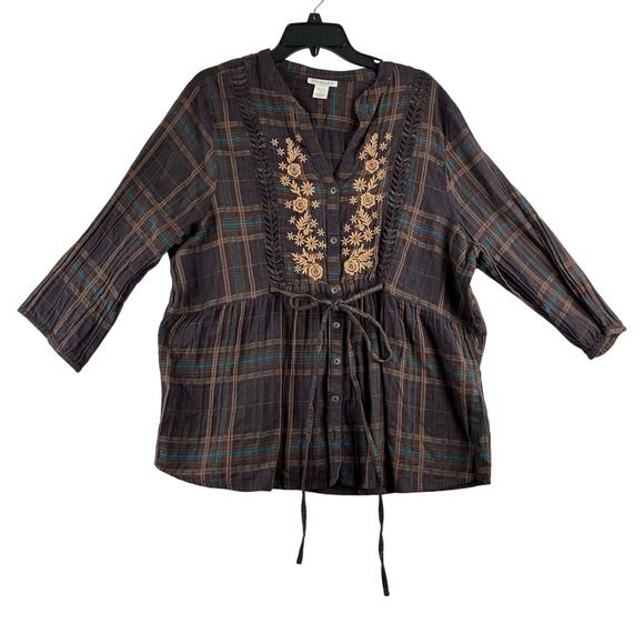 Phases 3/4 Sleeve Brown Blue Plaid Tunic Top Women's 1X Plus Embroidered Split - Picture 1 of 8